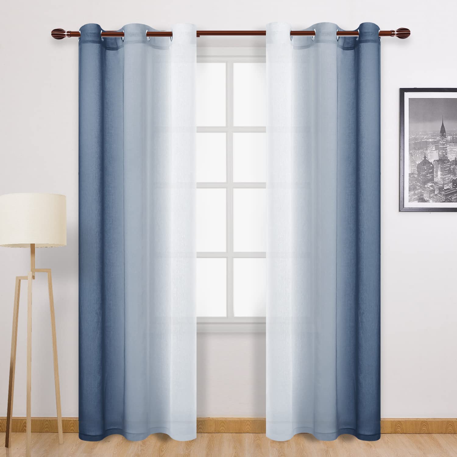 Dwcn Blue Faux Linen Ombre Sheer Curtains - Gradient Semi Voile Curtains For Bedroom And Living Room, Set Of 2 Grommet Top Windo