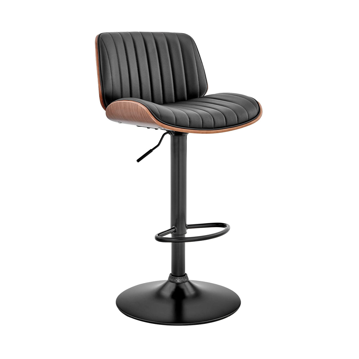 HomeRoots Metal/Plywood/Faux Leather Adjustable Black Faux Leather Black Steel and Walnut Bar Stool