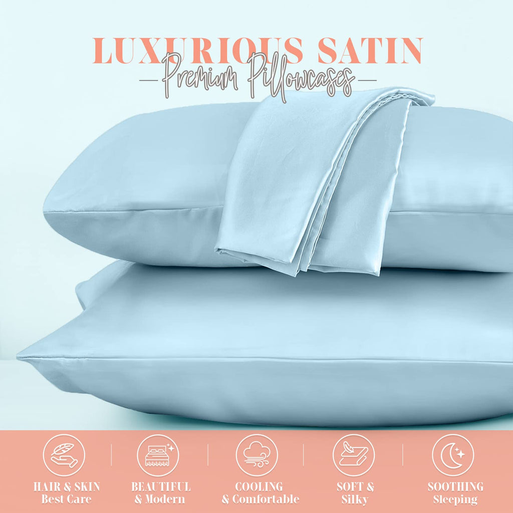 Elegant Comfort Silky And Luxurious 2-Piece Satin Pillowcase Set For Healthier Skin And Hair, Hidden Zipper Closure And Beautifully Packaged, Satin Pillowcase Set, Standard/Queen, Baby Blue