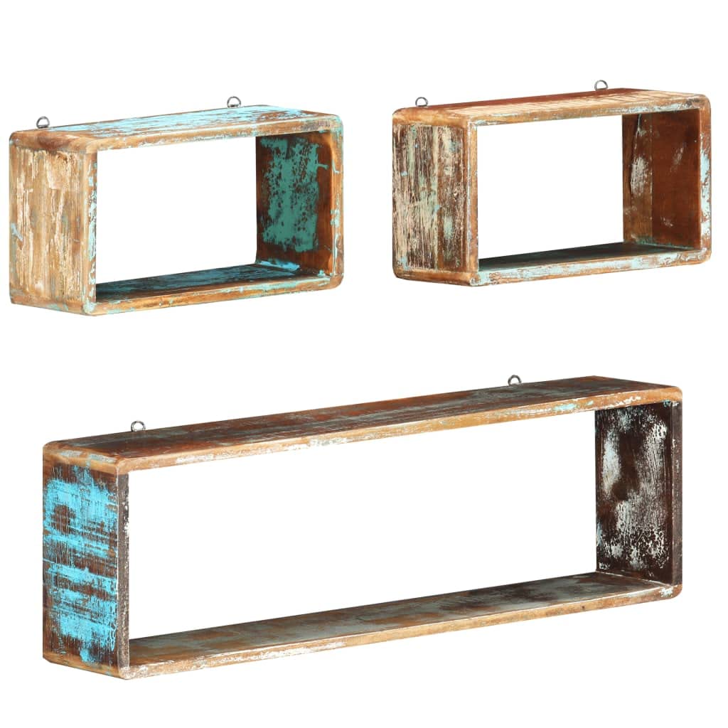 vidaXL 3-Piece Solid Reclaimed Wood Wall Cube Shelf Set - Retro Style Wall Mounted Display Racks for Home Decor, Books, Ornaments