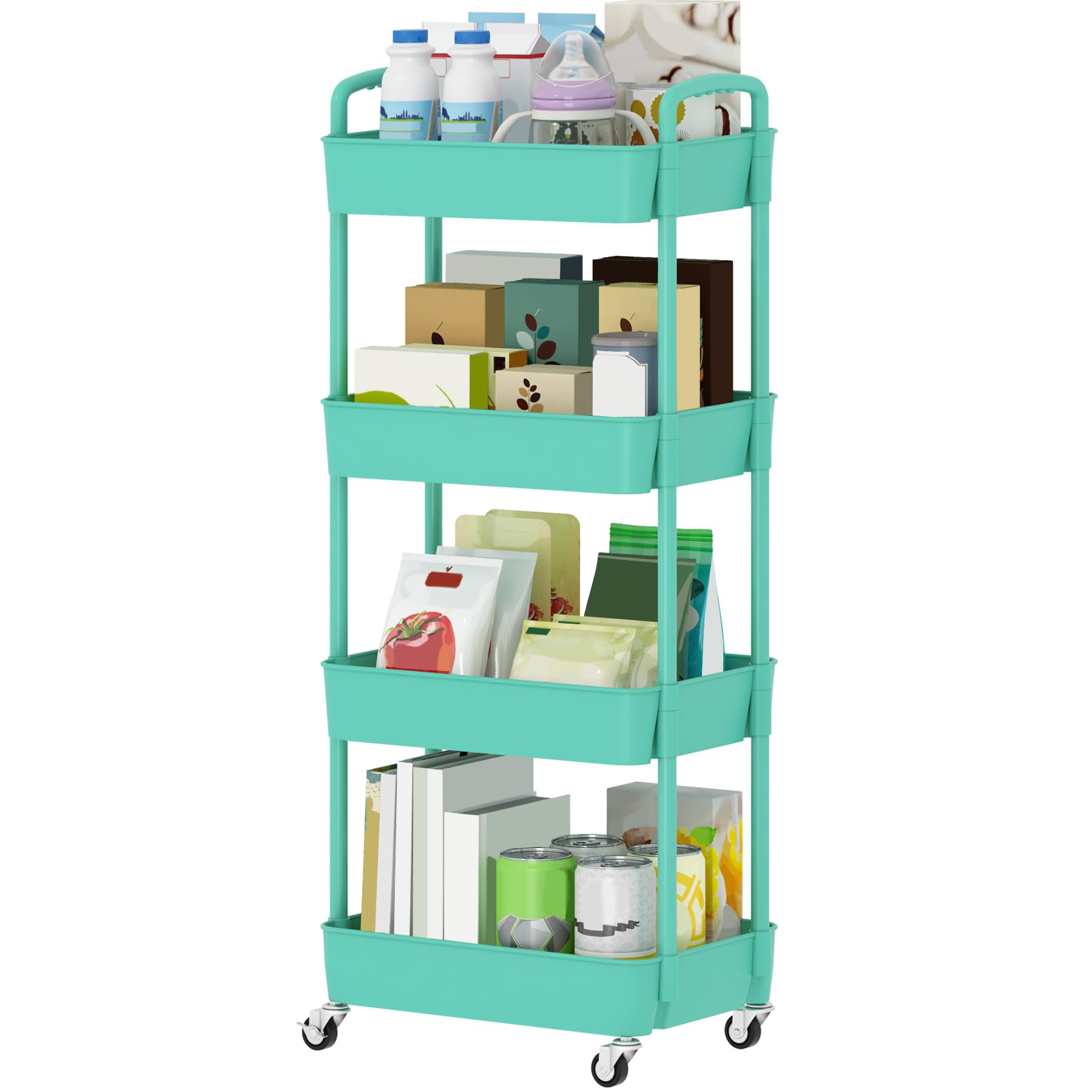 Sywhitta 4-Tier Plastic Rolling Utility Cart with Handle, Multi-Functional Storage Trolley for Office, Living Room, Kitchen, Mov