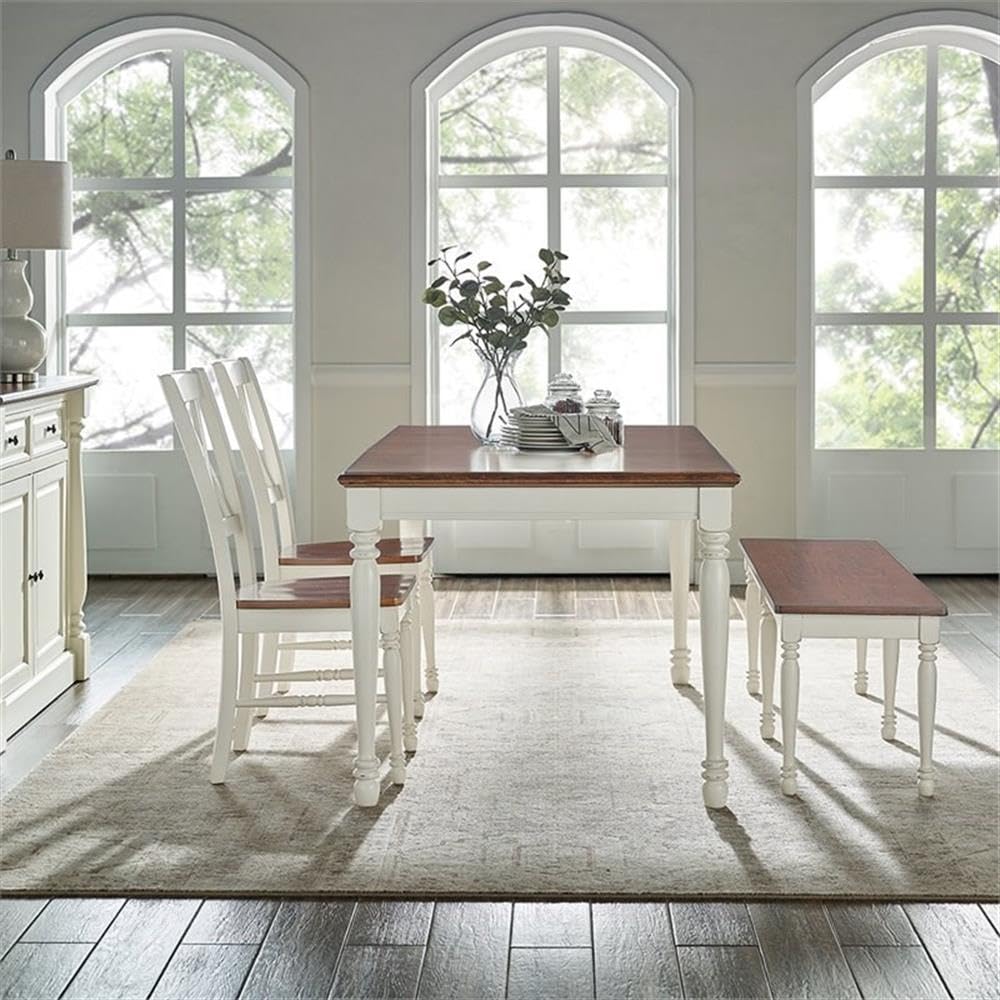 Crosley Furniture Shelby 4-Piece Traditional Dining Table Set for 5 with 2 Chairs and a Wood Bench, Distressed White