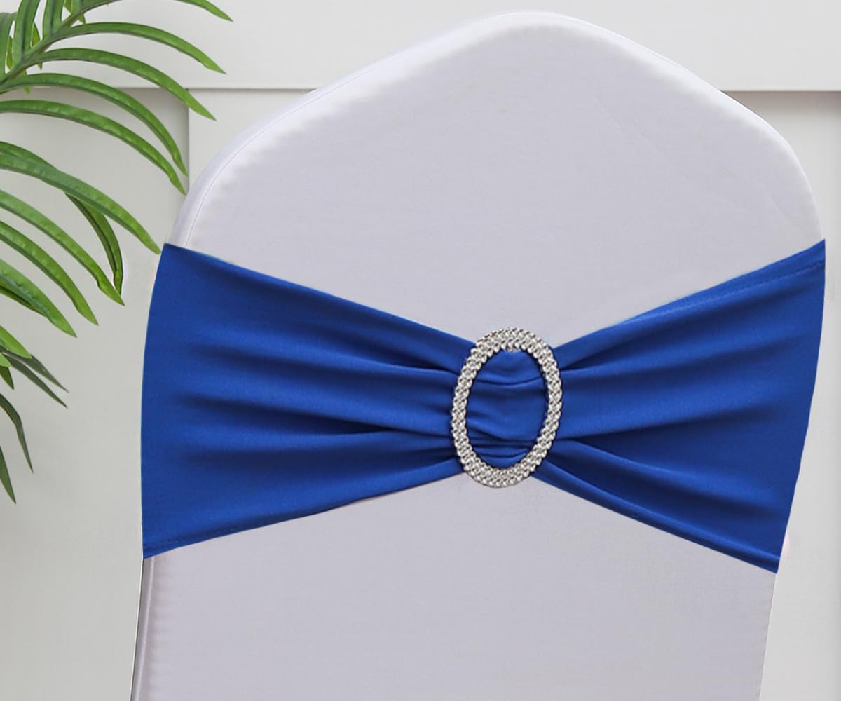 Gankar 100Pcs Stretch Spandex Chair Sashes For Wedding Chair Bands With Buckles, Royal Blue Chair Bows For Party Banquet Theme E