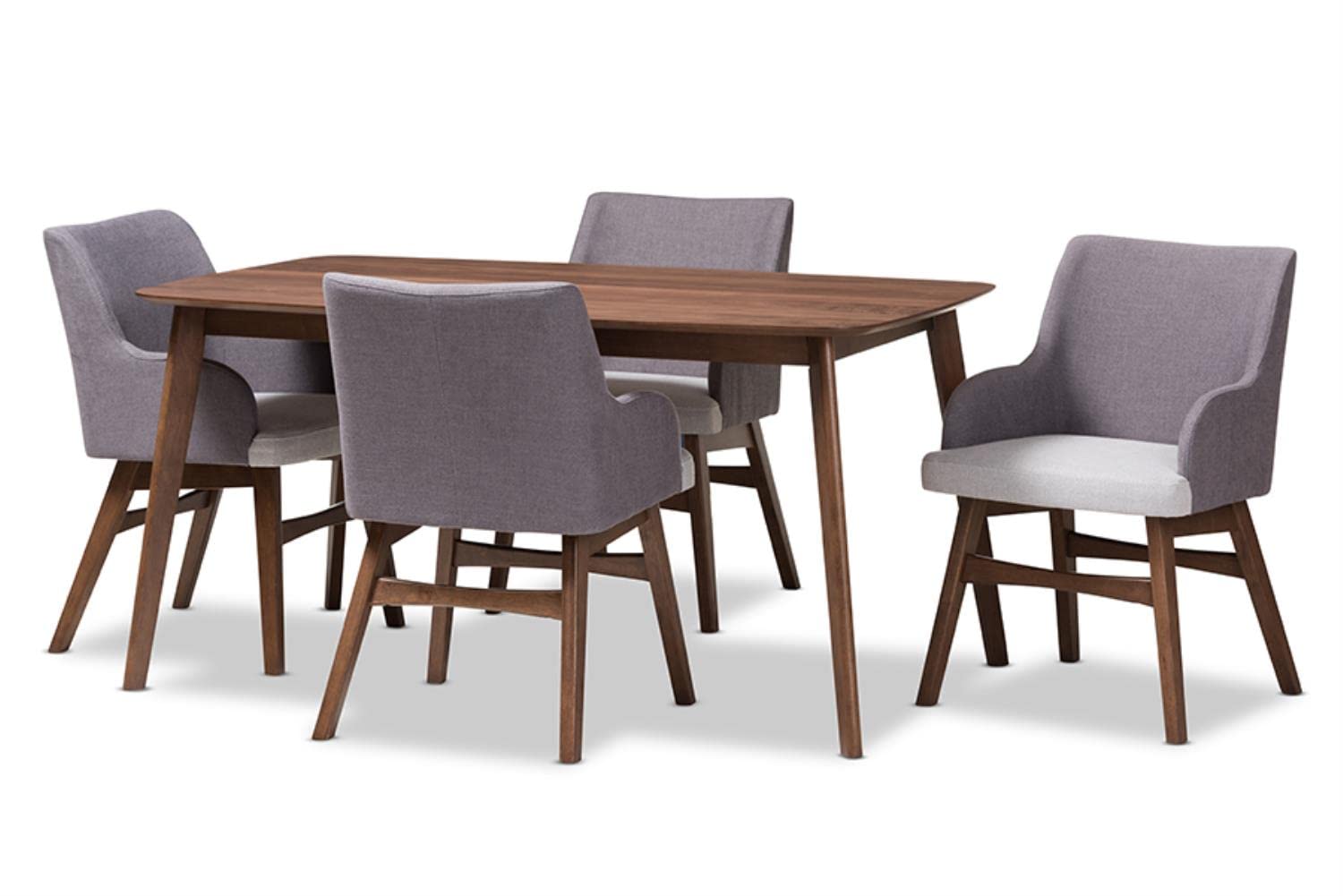 Baxton Studio Monte Mid-Century Modern Walnut Wood Rectangular 5-Piece Dining Set Grey//Medium Wood/Mid-Century/Table/Fabric Polyester 100%&quot;/Rubber Wood/Solid Wood/Mdf/Foam