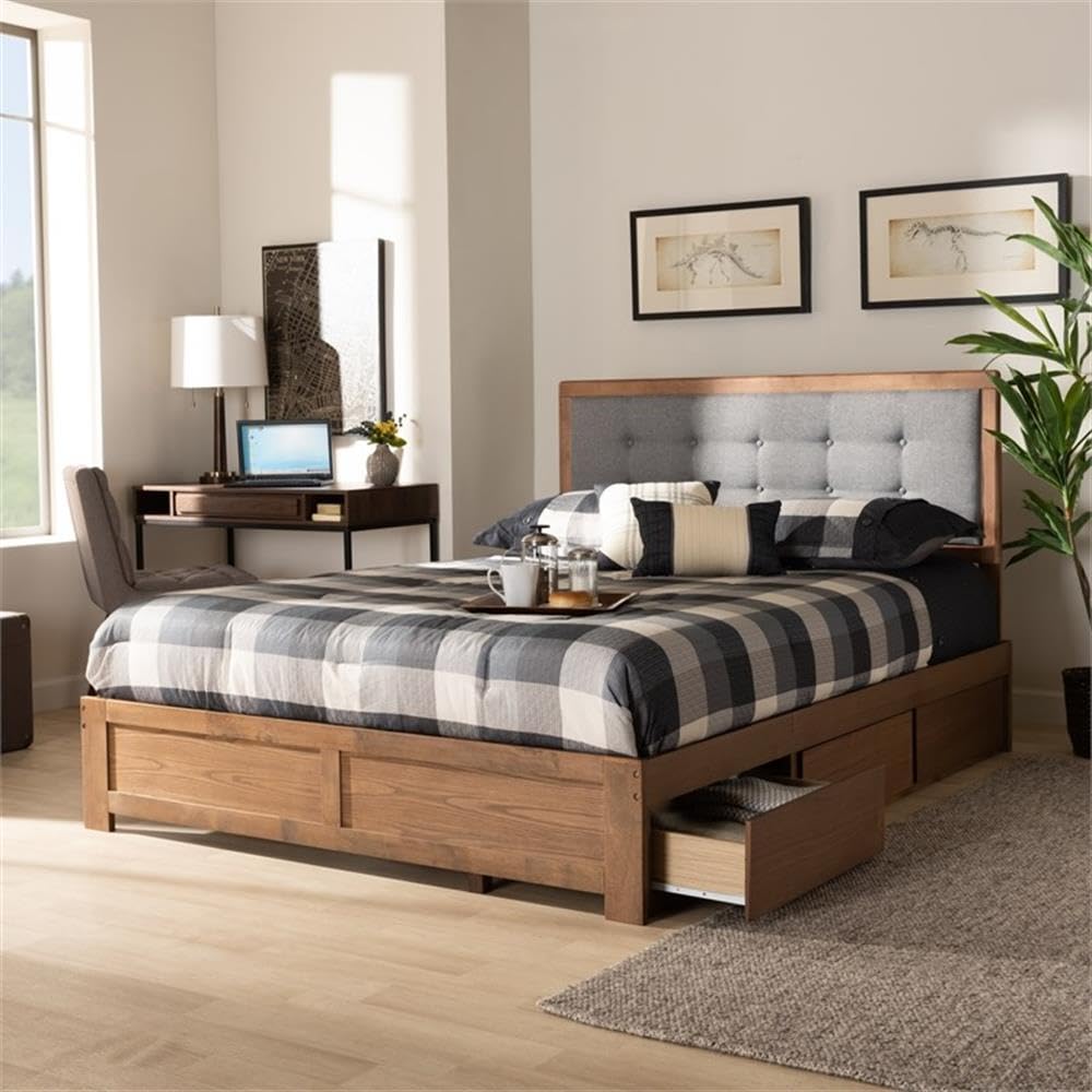 Baxton Studio Lene Modern and Contemporary Transitional Dark Grey Fabric Upholstered and Ash Walnut Brown Finished Wood Queen Size 3-Drawer Platform Storage Bed