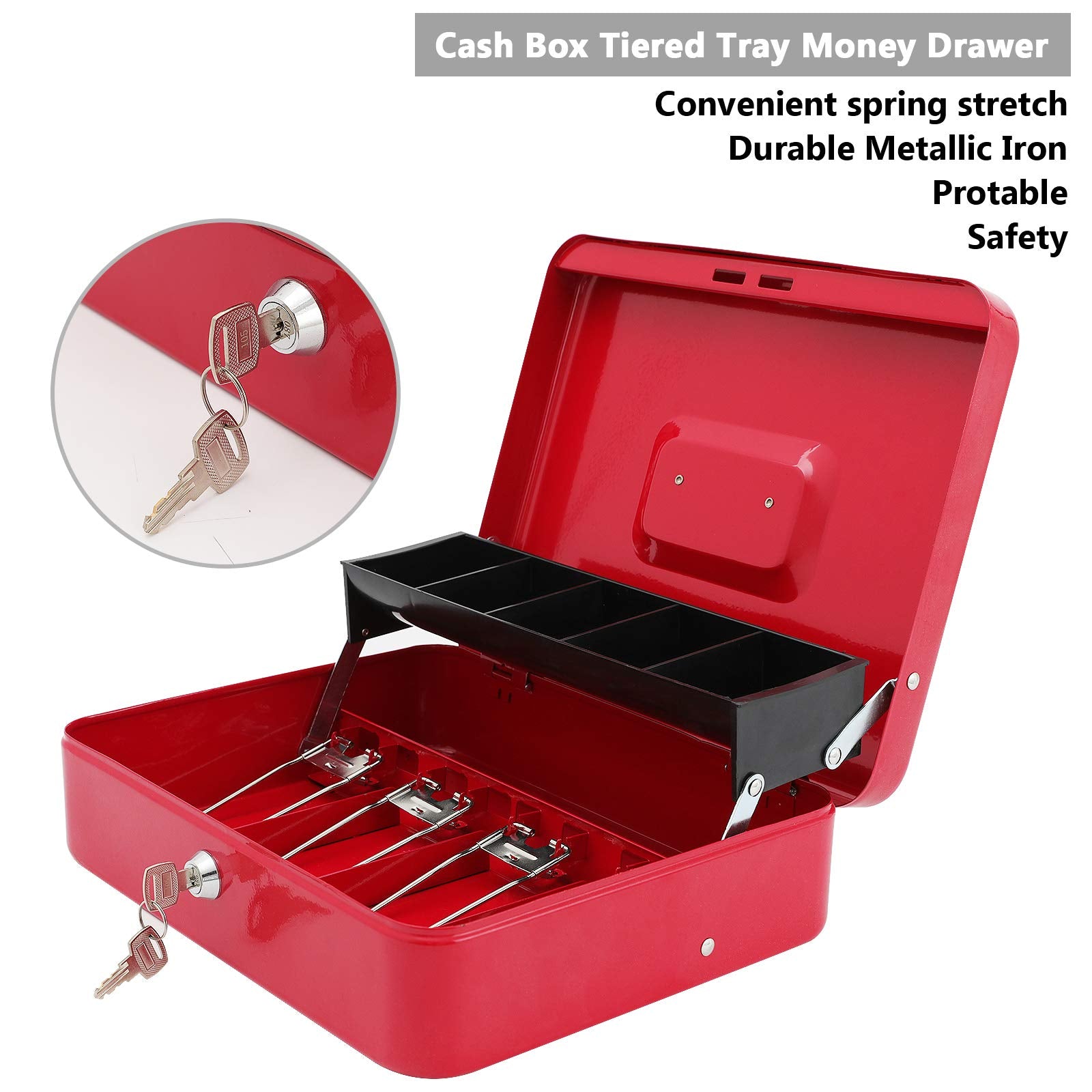 Xydled Cash Box With Money Tray And Key Lock,Money Lock Box With Cash Tray,Safe Lock Box With Key,Tiered,4 Bill / 5 Coin Slots,1