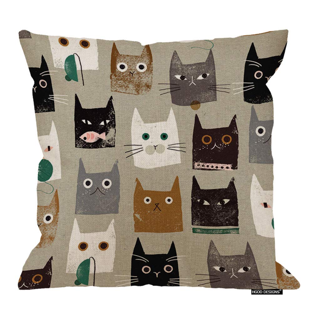 Hgod Designs Decorative Pillow Sham Cotton Linen Square Unique Printed Lovely Cat Pattern Throw Pillow Case Cushion Cover 18 X 1