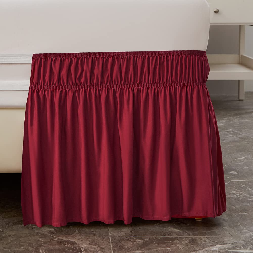 Meila Wrap Around Bed Skirt Three Fabric Sides Elastic Dust Ruffled 16 Inch Tailored Drop,Easy To Install Fade Resistant-Burgundy, Queen/King