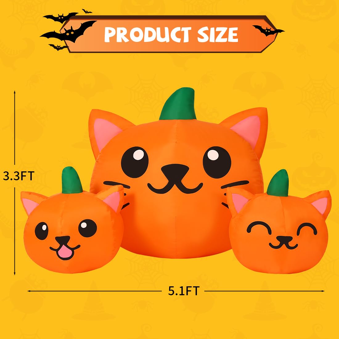Comin Halloween Inflatable 5Ft Long Three Pumpkin Cat Head Combo With Built-In Leds, Blow Up Yard Decoration For Holiday Party I