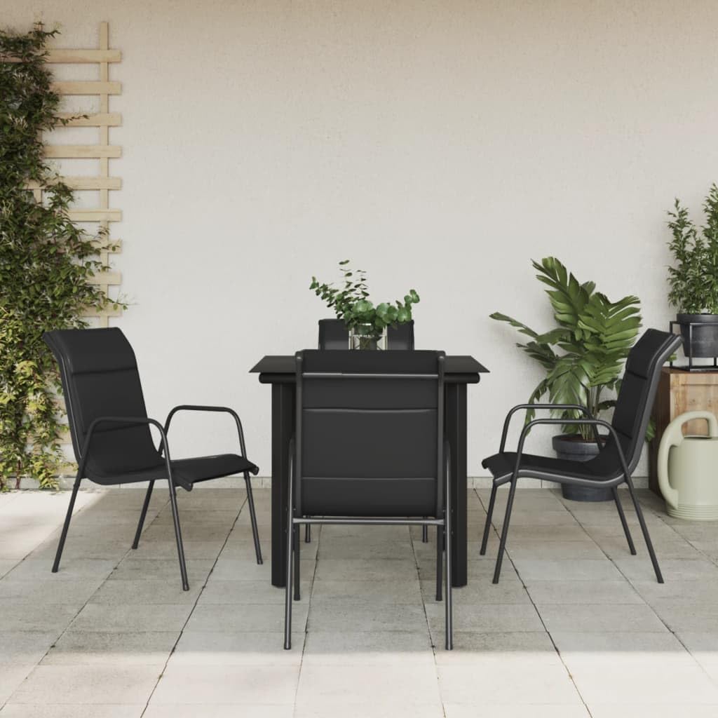 vidaXL 5-Piece Patio Dining Set - Black Steel Frame with Tempered Glass Tabletop and Comfortable Textilene Fabric Chairs
