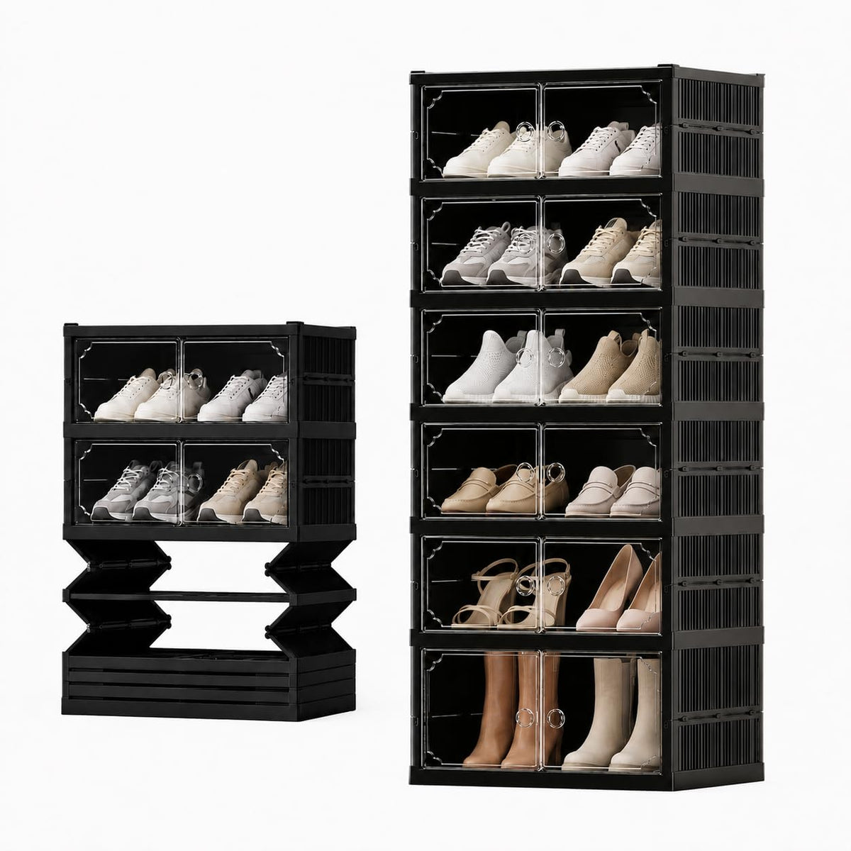 6Tier 12 Pairs Foldable Shoe Rack Organizer with Magnetic Doors, Black