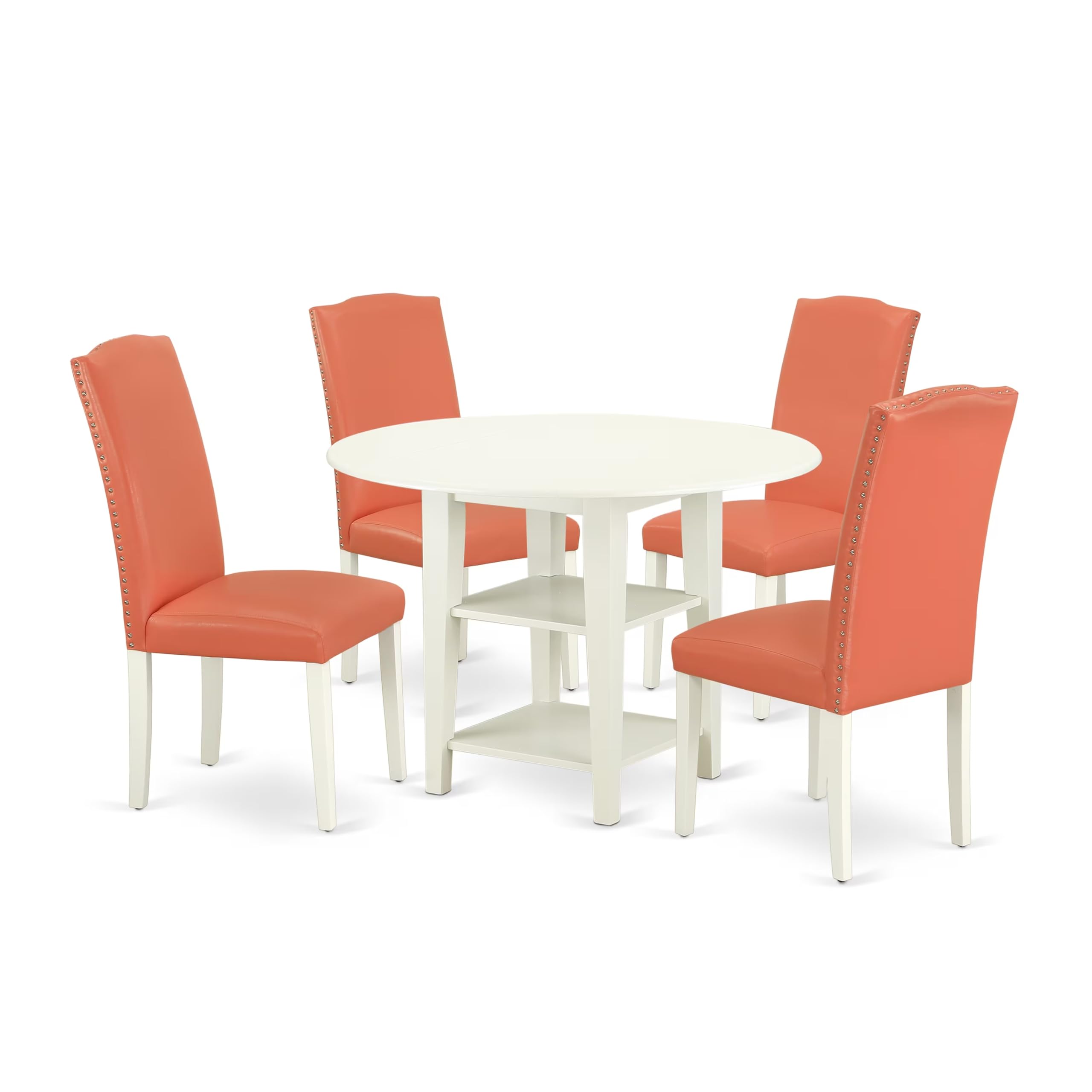 East West Furniture Suen5-Lwh-78 5 Piece Kitchen Table Set Includes A Round Dining Room Table With Dropleaf & Shelves And 4 Pink Flamingo Faux Leather Parsons Chairs, 42X42 Inch, Linen White