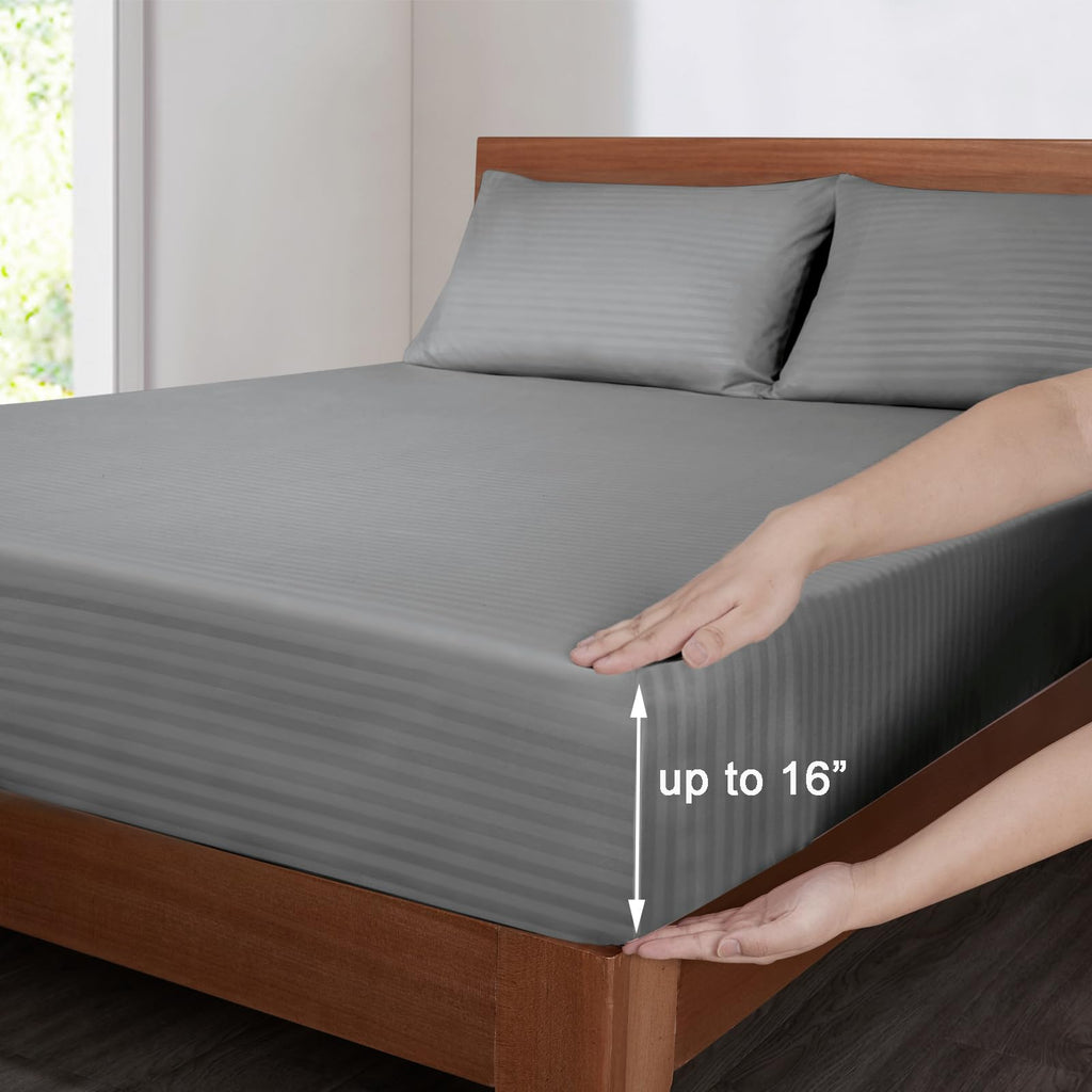 Mejoroom Striped Grey-01 1800 Thread Count Queen Sheet Set - Hypoallergenic, Deep Pocket, Breathable, Wrinkle & Stain Resistant