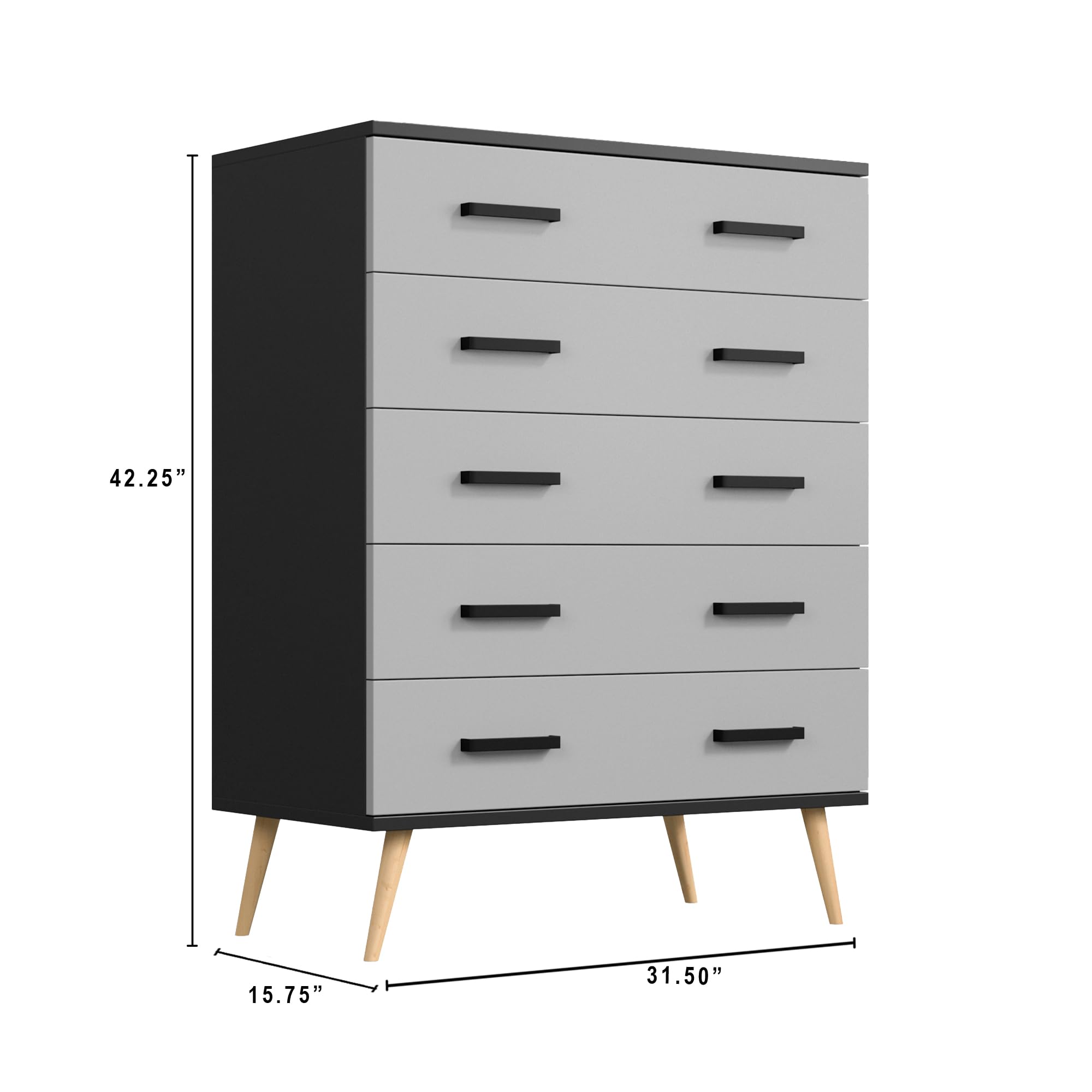 Woodpeckers Furniture And Mattress Eli Mid-Century Modern 5 Drawer Chest (Black & Light Gray)