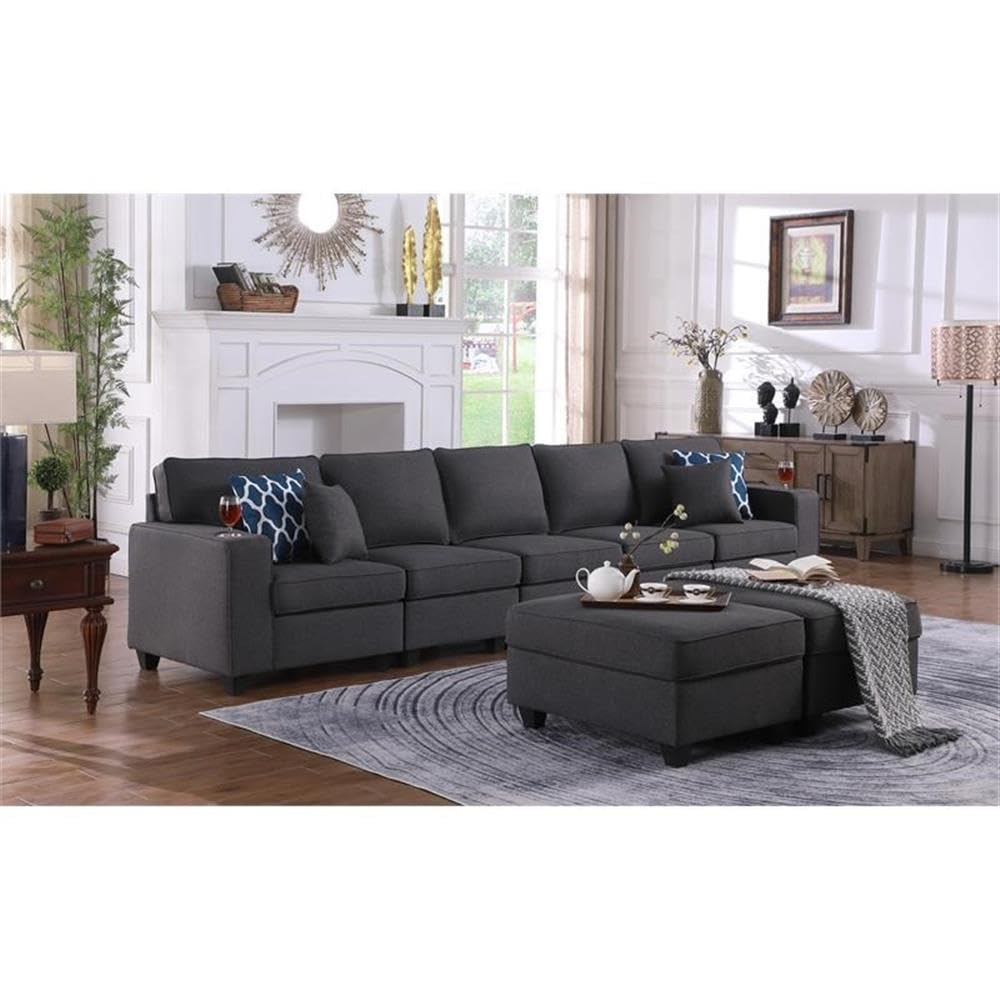 Lilola Home Cooper Dark Gray Linen 5-Seater Sofa with 2 Ottomans and Cupholder