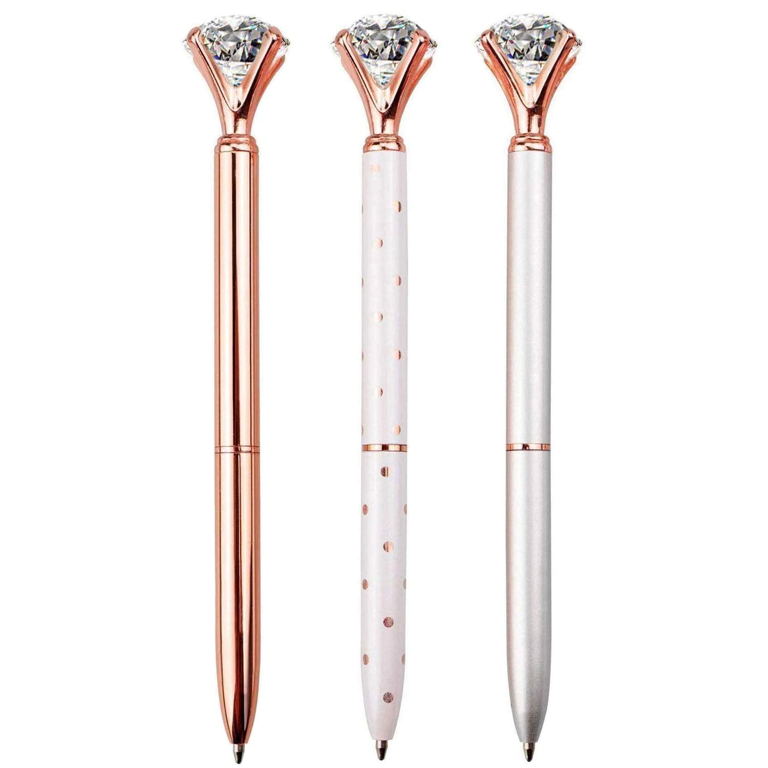 Longkey 3 Pcs Ballpoint Pens Large Crystal Diamond Pen Bling Metal Office And School, Silver/White Rose Polka Dot/Rose Gold, Inc