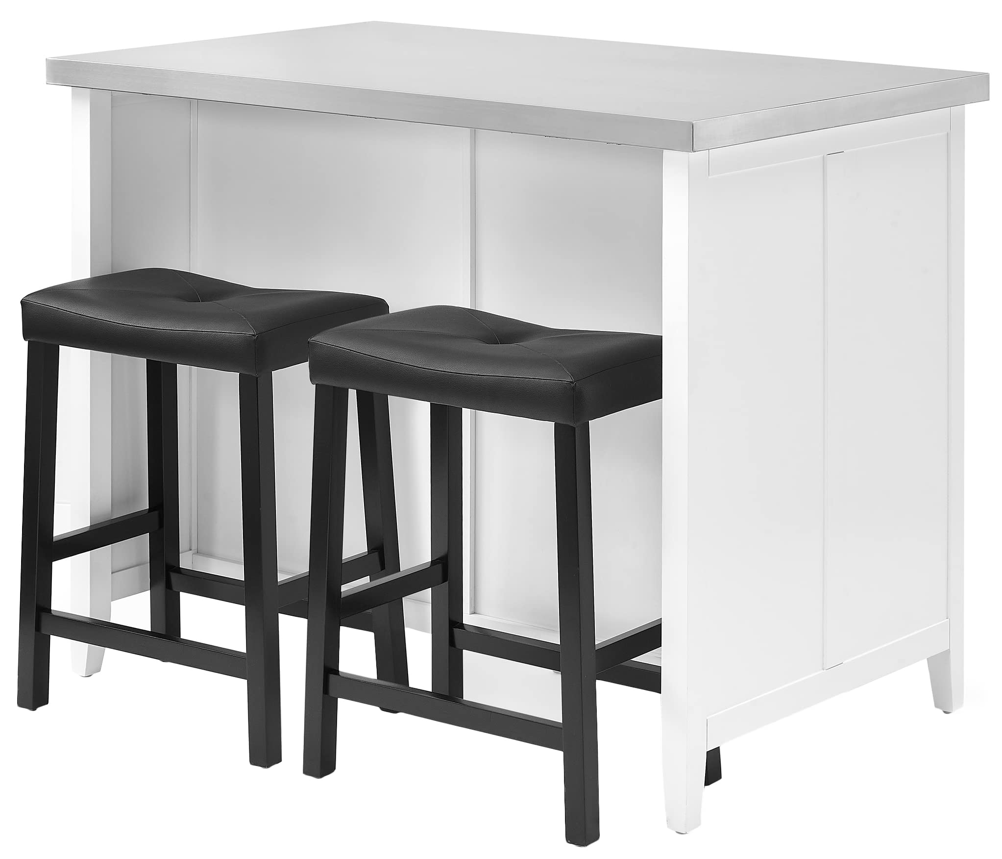 Crosley Furniture Silvia Stainless Steel Top Kitchen Island, Coffee Bar, with a Set of 2 Upholstered Saddle Stools, White/Black