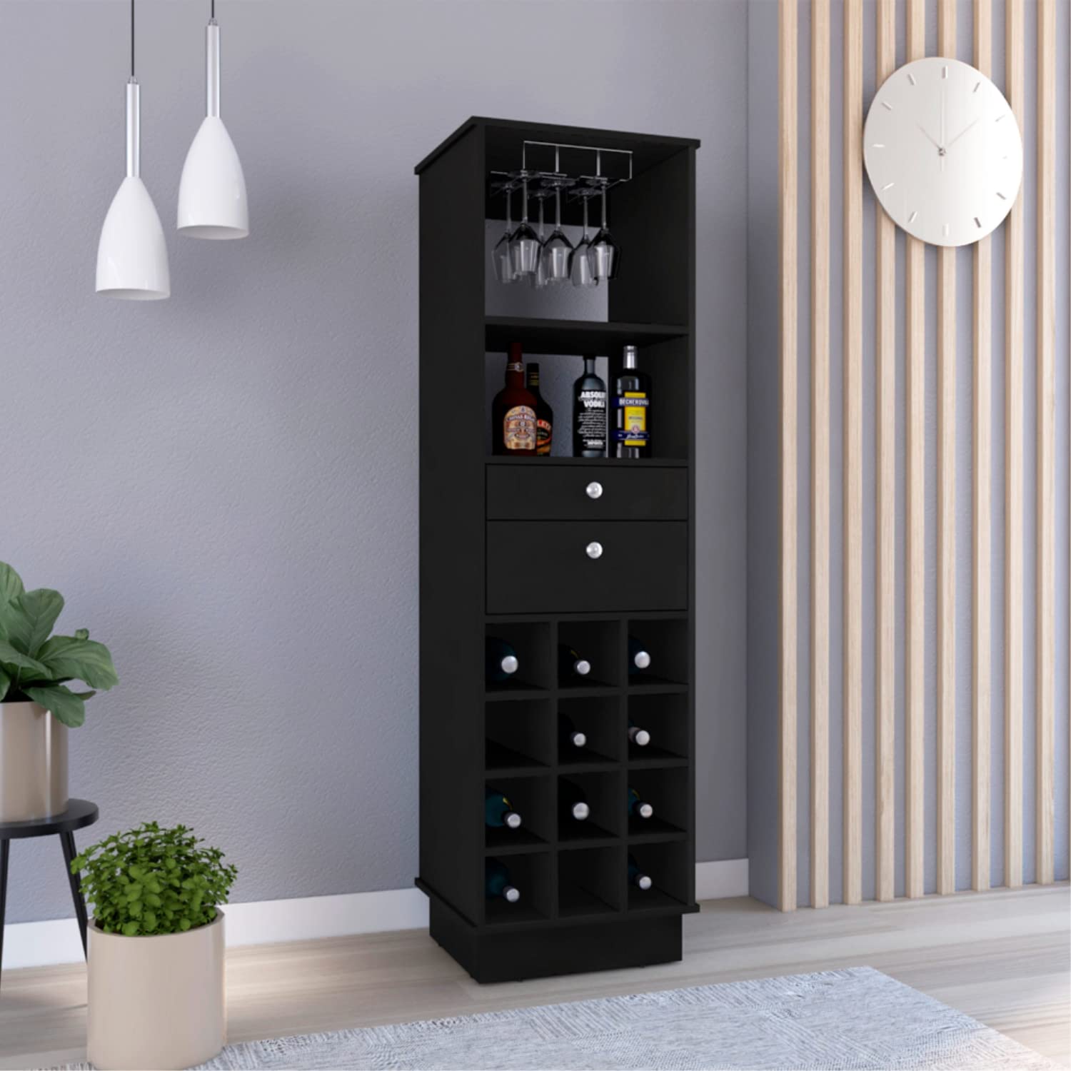 DEPOT E-SHOP Black Bar-Coffee Cart 32"" H, Kitchen Or Living Room Cabinet Storage, with 4 Wheels, Folding Surface, 2 Central Drawers Covered by Folding Doors, Ideal for Storing Glasses, and Snacks.