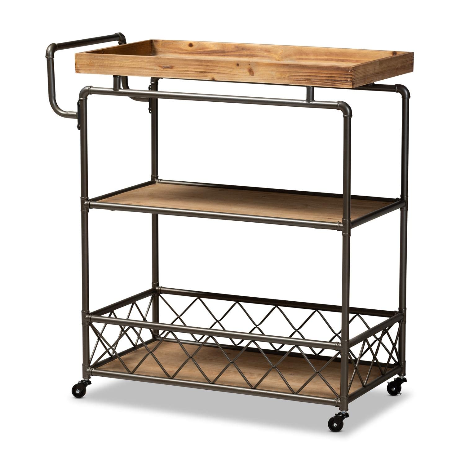 Baxton Studio Amado Rustic Industrial Farmhouse Oak Brown Finished Wood and Black Metal 3-Tier Mobile Kitchen Cart
