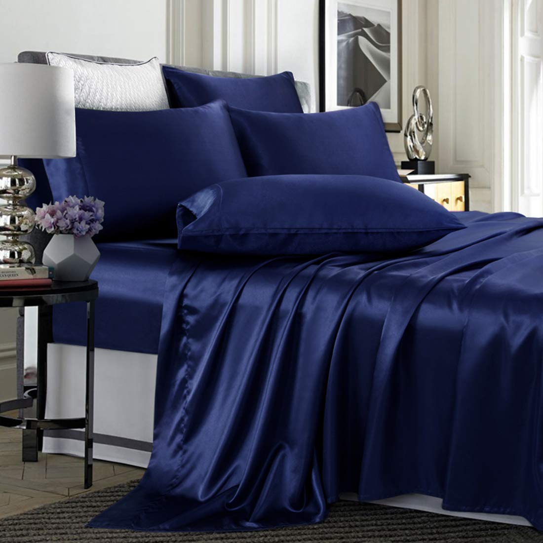 Treely 6 Piece Satin Sheets California King Size Silky Smooth Navy Blue Satin Sheet Set With Deep Pocket, Satin Fitted Sheet, Fl