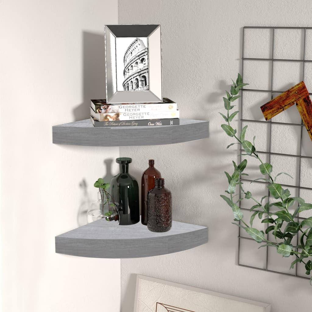 vidaXL Wall Corner Shelves, 2-Piece Floating Storage Display Set, Modern Honeycomb MDF and Metal Design, Concrete Gray, Invisible Mounting System