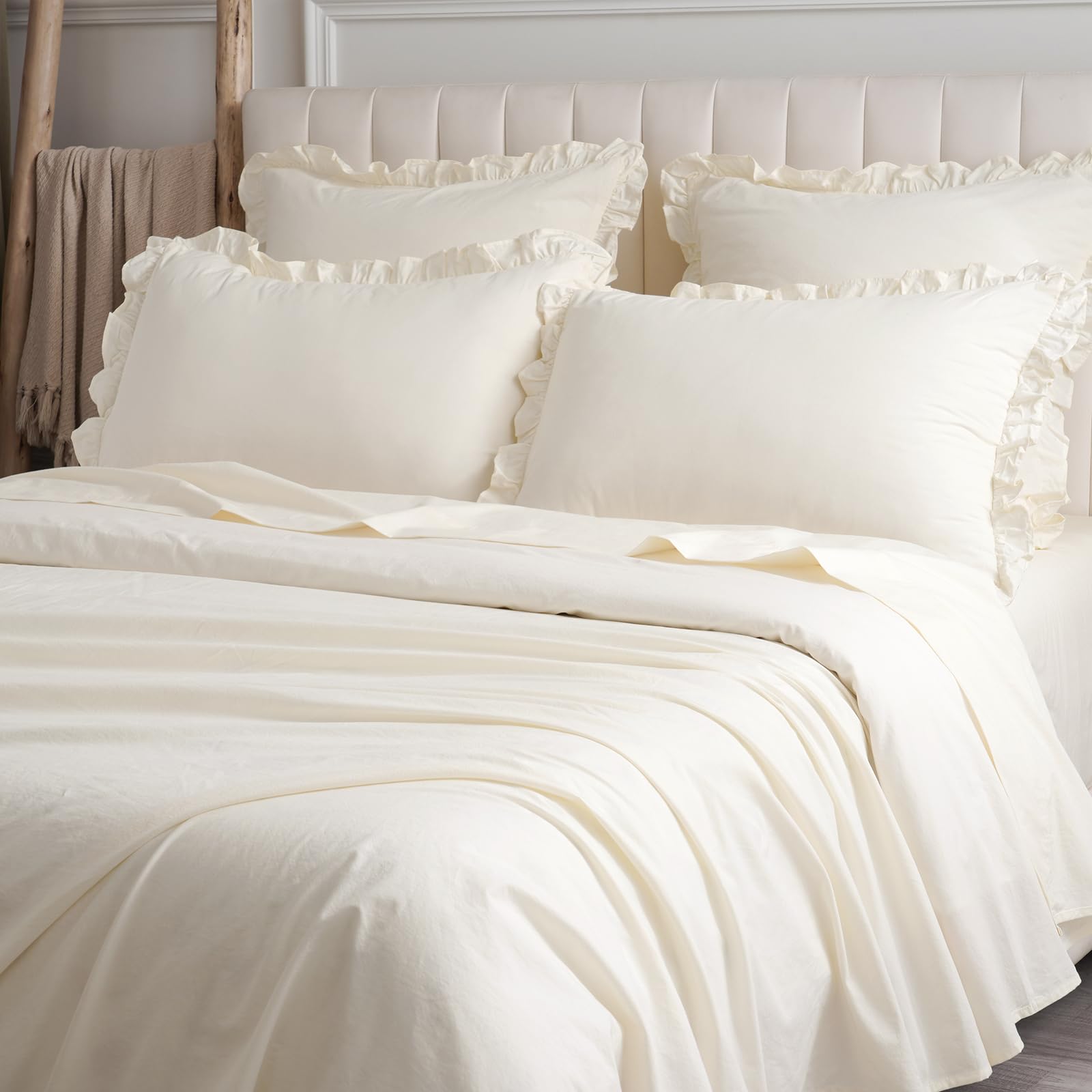 Phf 100% Washed Cotton Ruffle Pillowcases Standard Size, 2 Pack 20'' X 26'' Pillow Shams, No Insert, Ultra Soft Cotton Pillow Ca