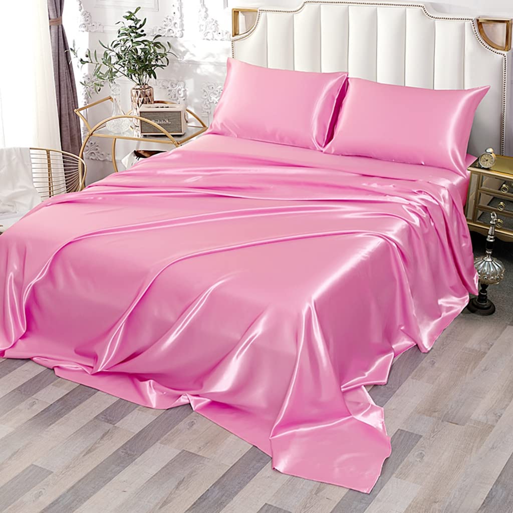 Sfoothome Queen Satin Sheets [4-Piece, Pink] Hotel Luxury Silky Bed Sheets - Microfiber Sheet Set, Wrinkle, Fade, Resistant - De