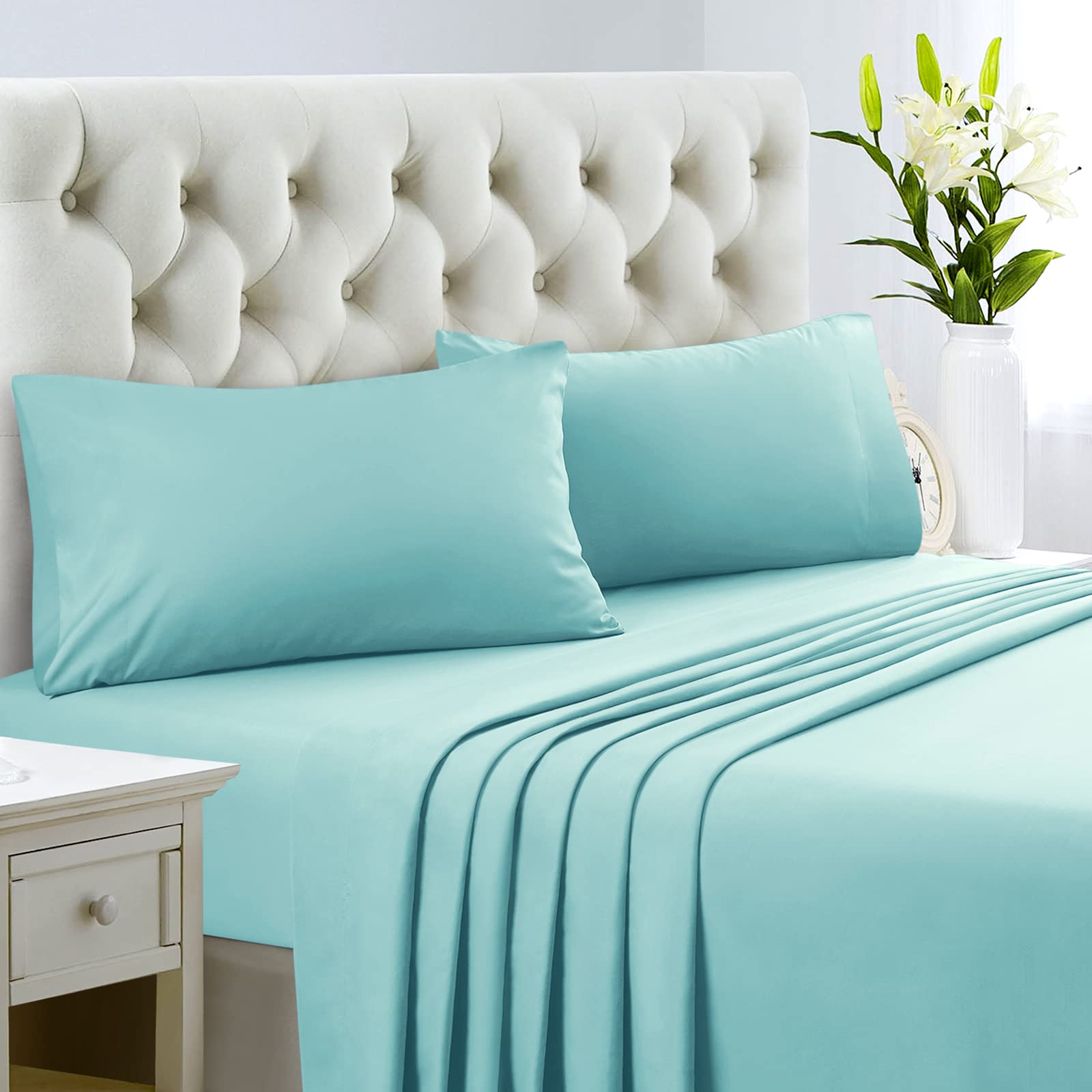 Homeideas Queen Size Bed Sheets - 6 Piece Set (Aqua Blue) - Extra Soft Brushed Microfiber 1800 Bedding Sheets, Deep Pocket, Wrinkle & Fade Free