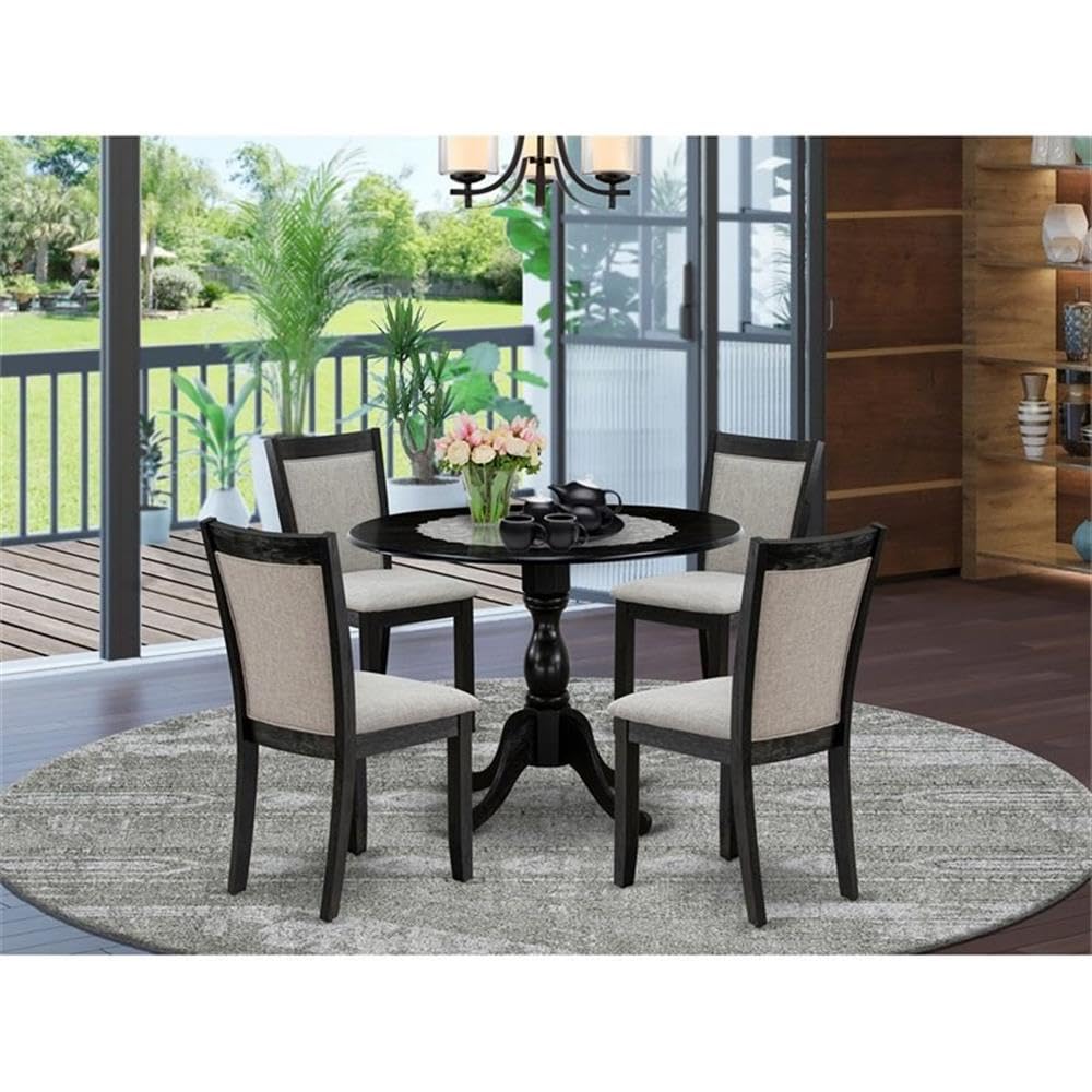 East West Furniture DMMZ5-AB6-06 5 Piece Dining Table Set for 4 Includes a Round Kitchen Table with Dropleaf and 4 Shitake Linen Fabric Parson Dining Chairs, 42x42 Inch, Wirebrushed Black