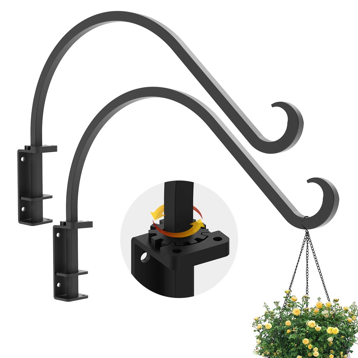 Swivel Plant Hanging Hooks Heavy Duty (2 Pcs-16 Inches) - Black Iron Plant Hanger Bracket For Flowers Baskets Planter Pots Bird