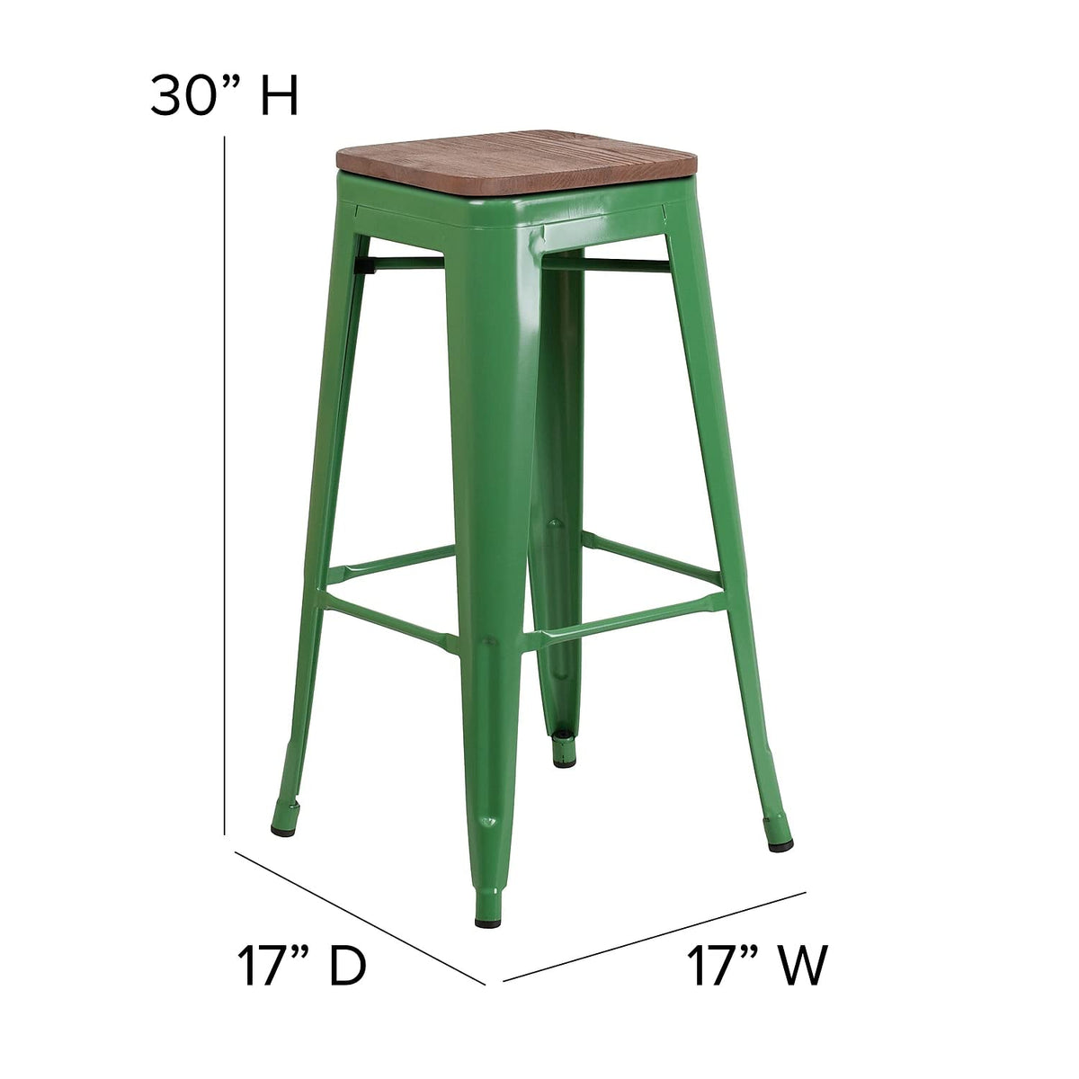 Flash Furniture Lily 30&quot; High Backless Green Metal Barstool with Square Wood Seat