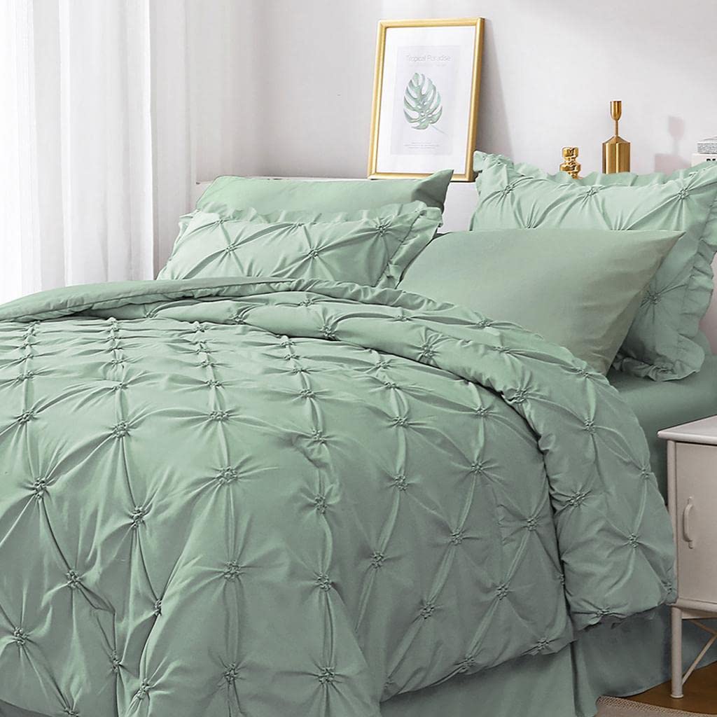Jollyvogue Green Full Size Comforter Sets 7 Pieces, Pintuck Bed In A Bag Comforter Set For Bedroom, Bedding Comforter Sets With