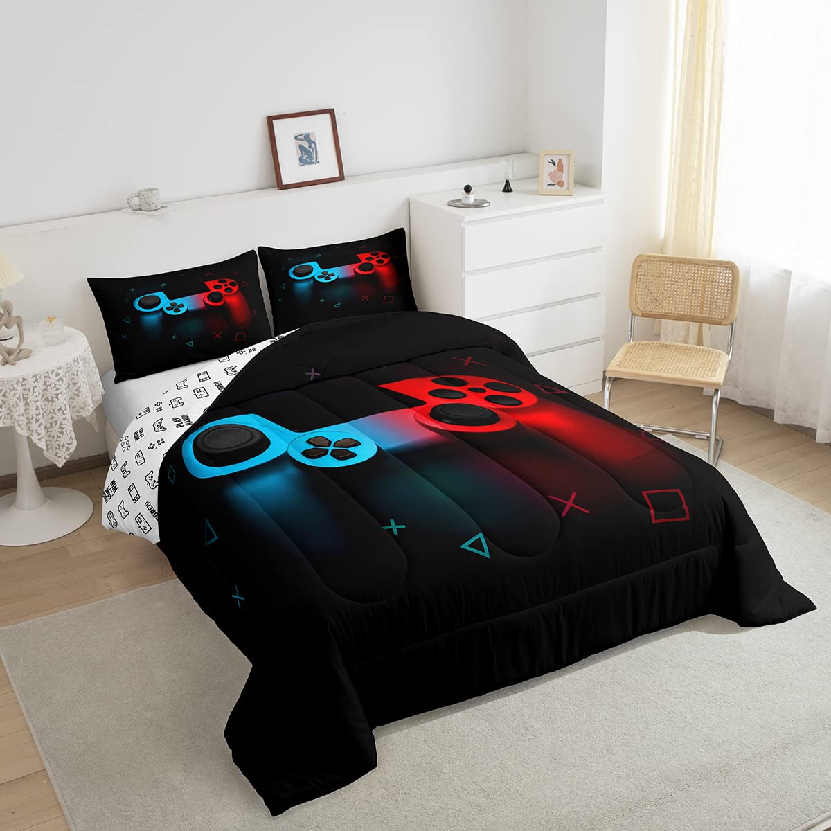 Boys Gamepad Comforter Set Full,Play Gamer Bedding Set Kid Young Man Video Games Down Comforter For Teen Child Game Room Decor B