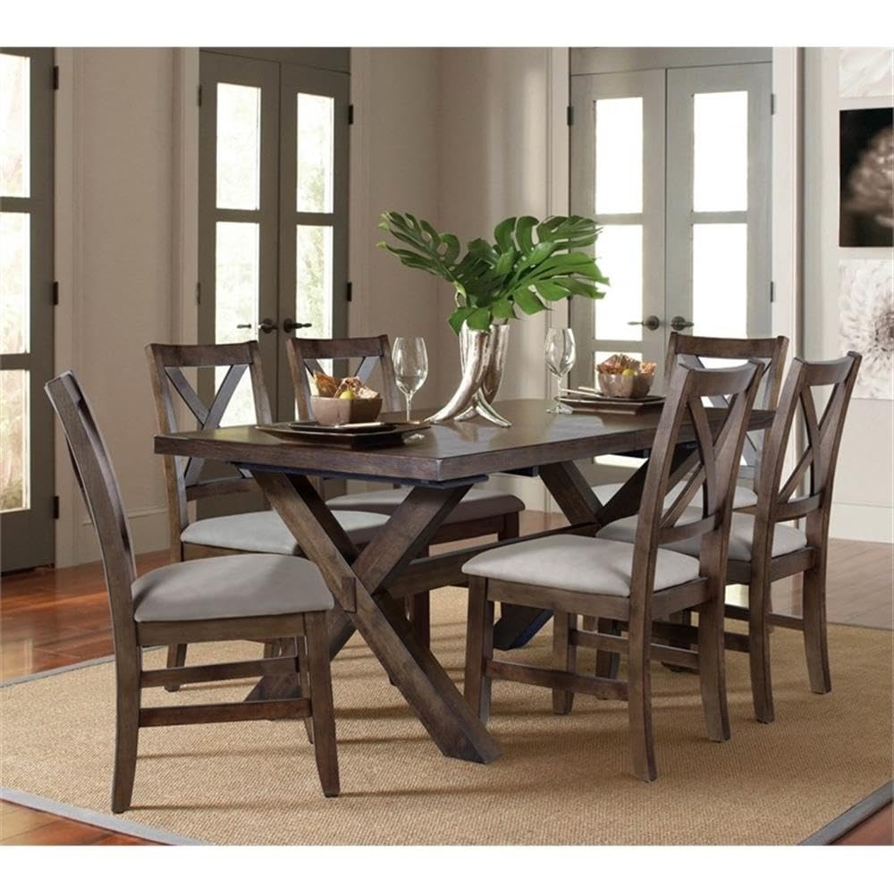 Steve Silver Furniture Astoria 7pc Dining Table Set, 60-Inch Table with 18-Inch Leaf, 6 Astoria Upholstered Side Dining Chairs, Comfortably Seating 6, Dining Room, 40&quot; L x 62&quot; W x 30&quot; H, Brown