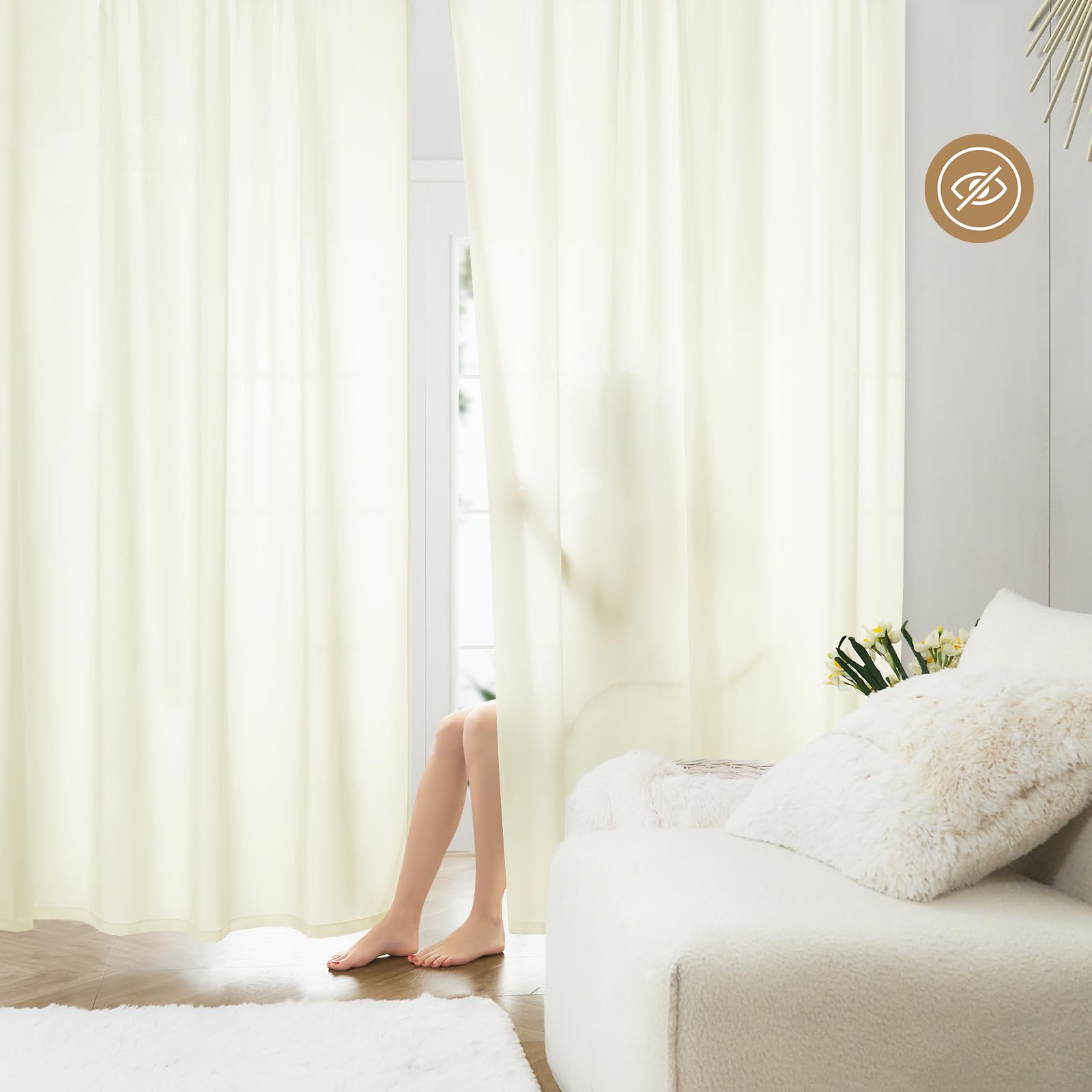 Homeideas Non-See-Through Cream Yellow Privacy Sheer Curtains 52 X 72 Inches Long 2 Panels Light Yellow Sheer Curtains Light Filtering Window Curtains Drapes For Bedroom Living Room