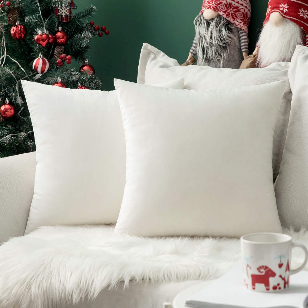 Miulee Pack Of 2 Velvet Pillow Covers Decorative Square Pillowcase Soft Solid Pure White Christmas Cushion Case For Spring Couch