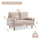 American Furniture Classics Beige 57 Inch Wide Upholstered Two Cushion Loveseat with Bolster Pillows Velvet, 57" x 32" x 37"