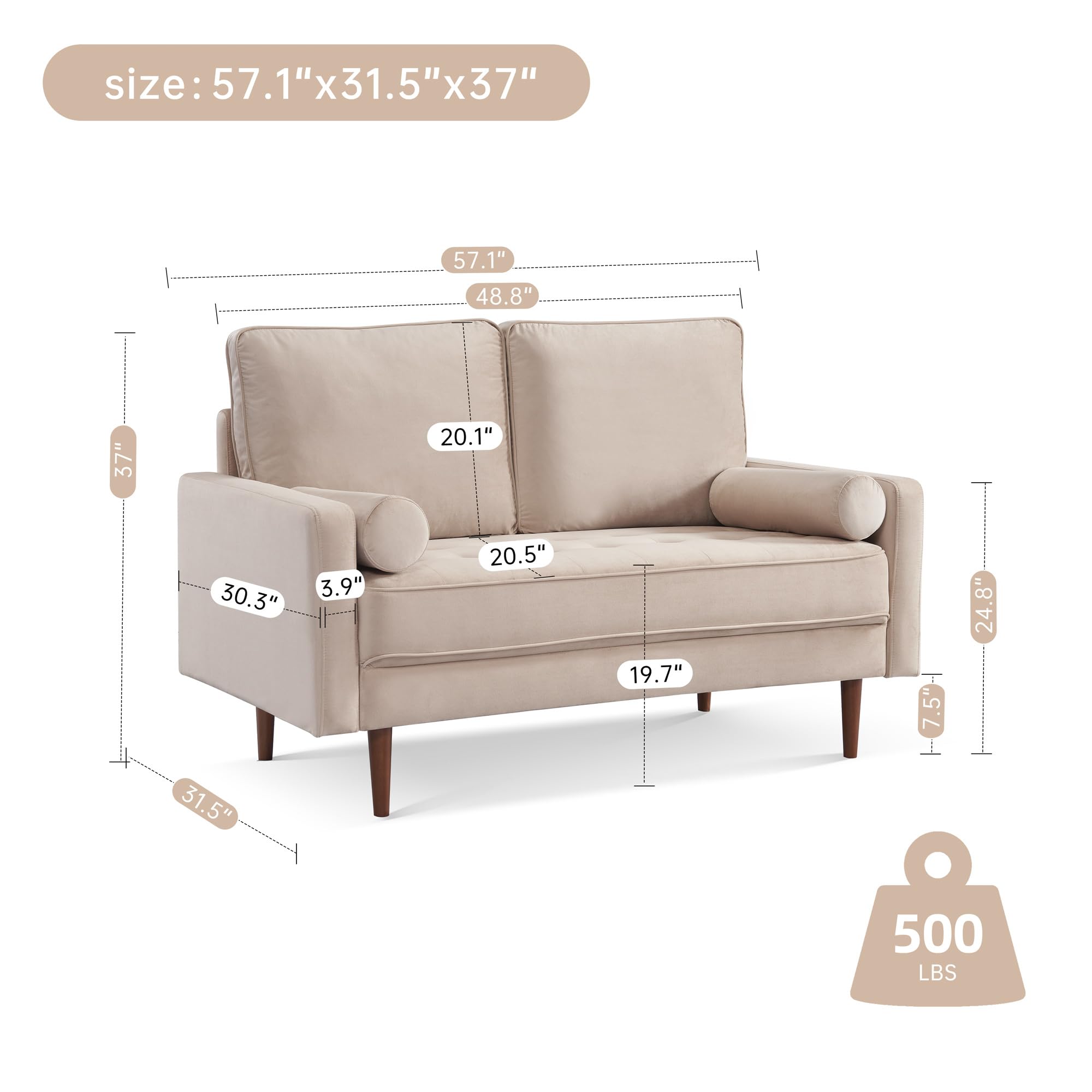 American Furniture Classics Beige 57 Inch Wide Upholstered Two Cushion Loveseat with Bolster Pillows Velvet, 57" x 32" x 37"