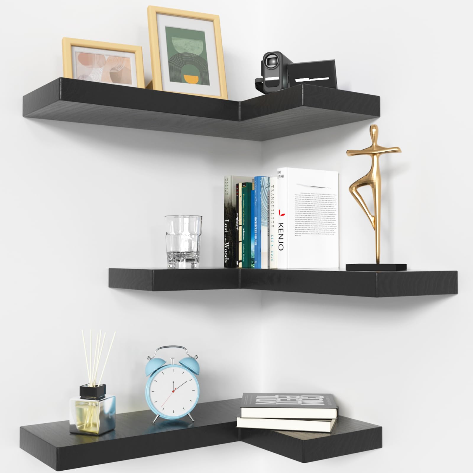 NATURE'S SOURCE Corner Floating Shelves with Invisible Brackets, Corner Shelves Wall Mounted Set of 3, Wall Shelves for Bedroom 