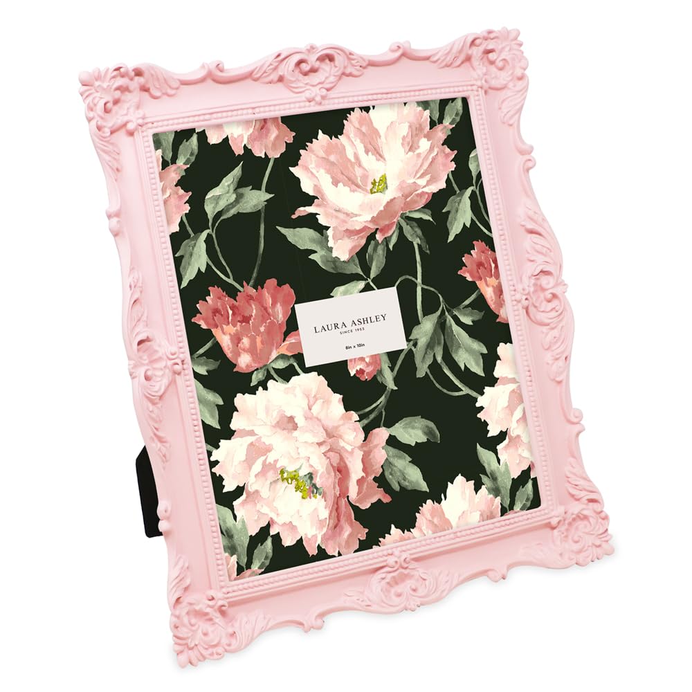Laura Ashley 8x10 Pink Ornate Textured Hand-Crafted Resin Picture Frame with Easel & Hook for Tabletop & Wall Display, Decorativ