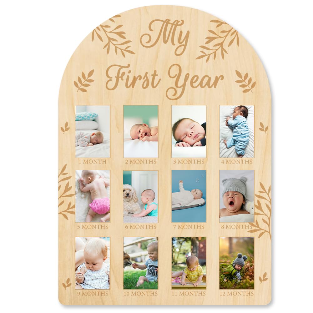 ORIGACH My First Year Baby Growth Photo Display Wood Board - 12 Months Newborn Milestones Picture Frame - Neutral Baby Keepsake 
