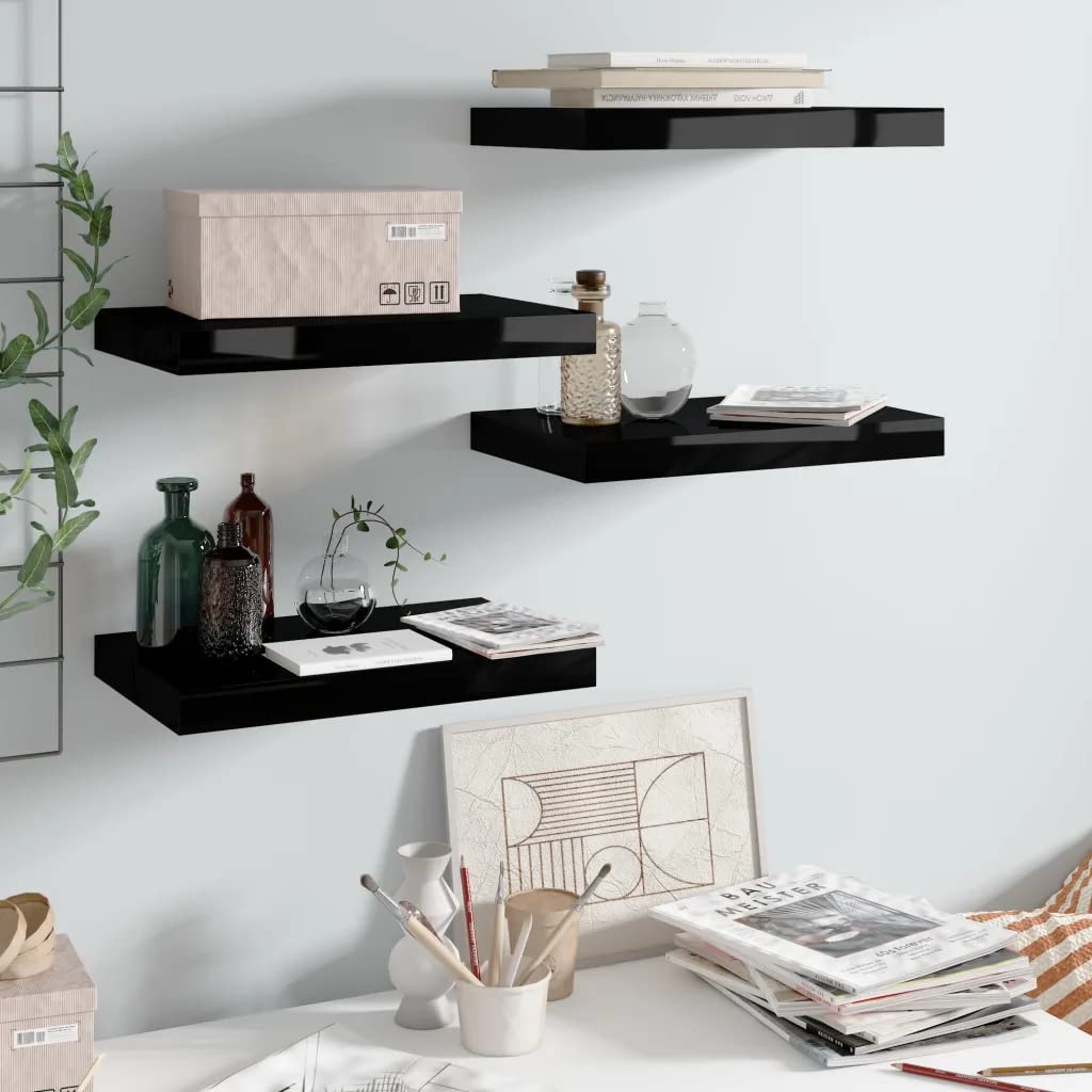 Floating Wall Shelves -SKM Floating Wall Shelves 4 pcs High Gloss Black 15.7"x9.1"x1.5" MDF