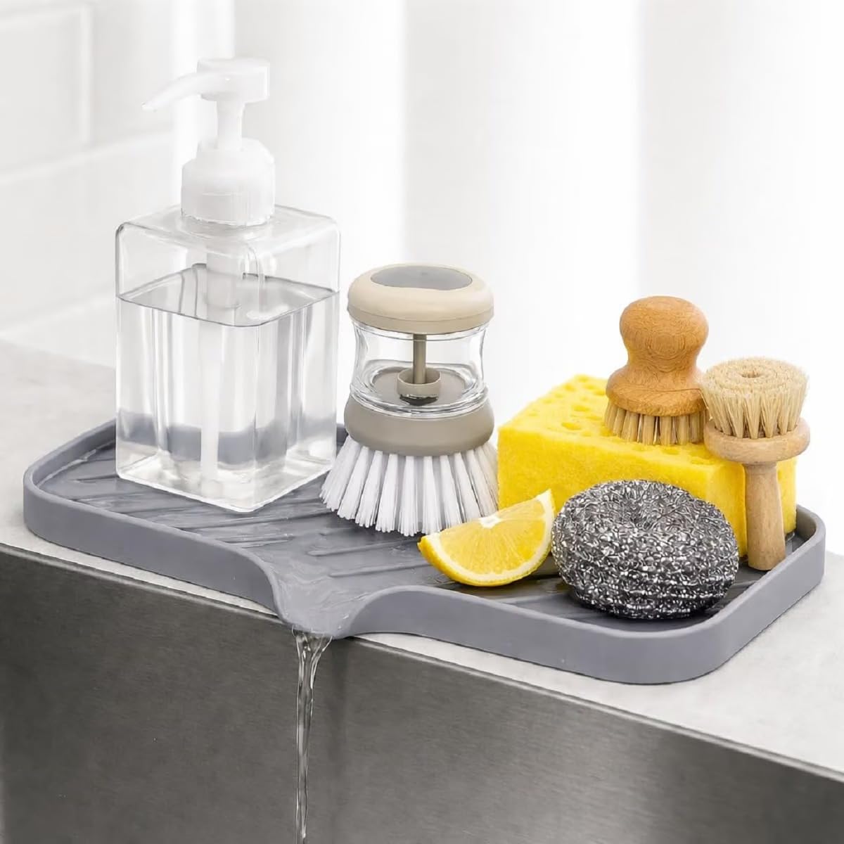 Akshnsi Silicone Kitchen Sink Tray Caddy Organiser, Grey, 24X15 Cm