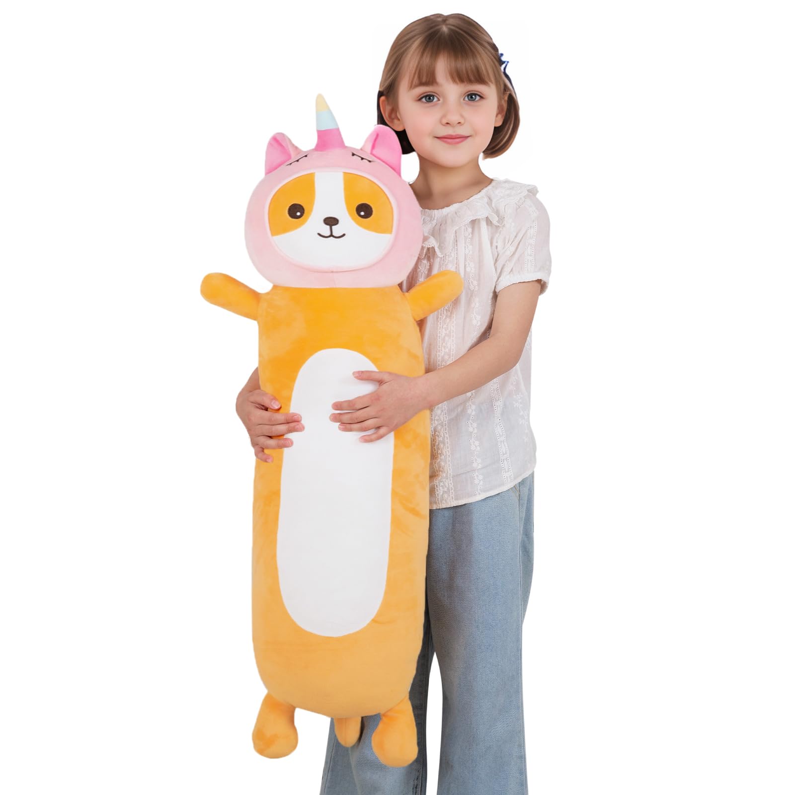 Haijunya 36 Inch Kawaii Unicorn Dog Long Plush Body Pillow Toy, Soft Corgi Shiba Inu Plushies With Stuffy Unicorn Outfit Big Stu