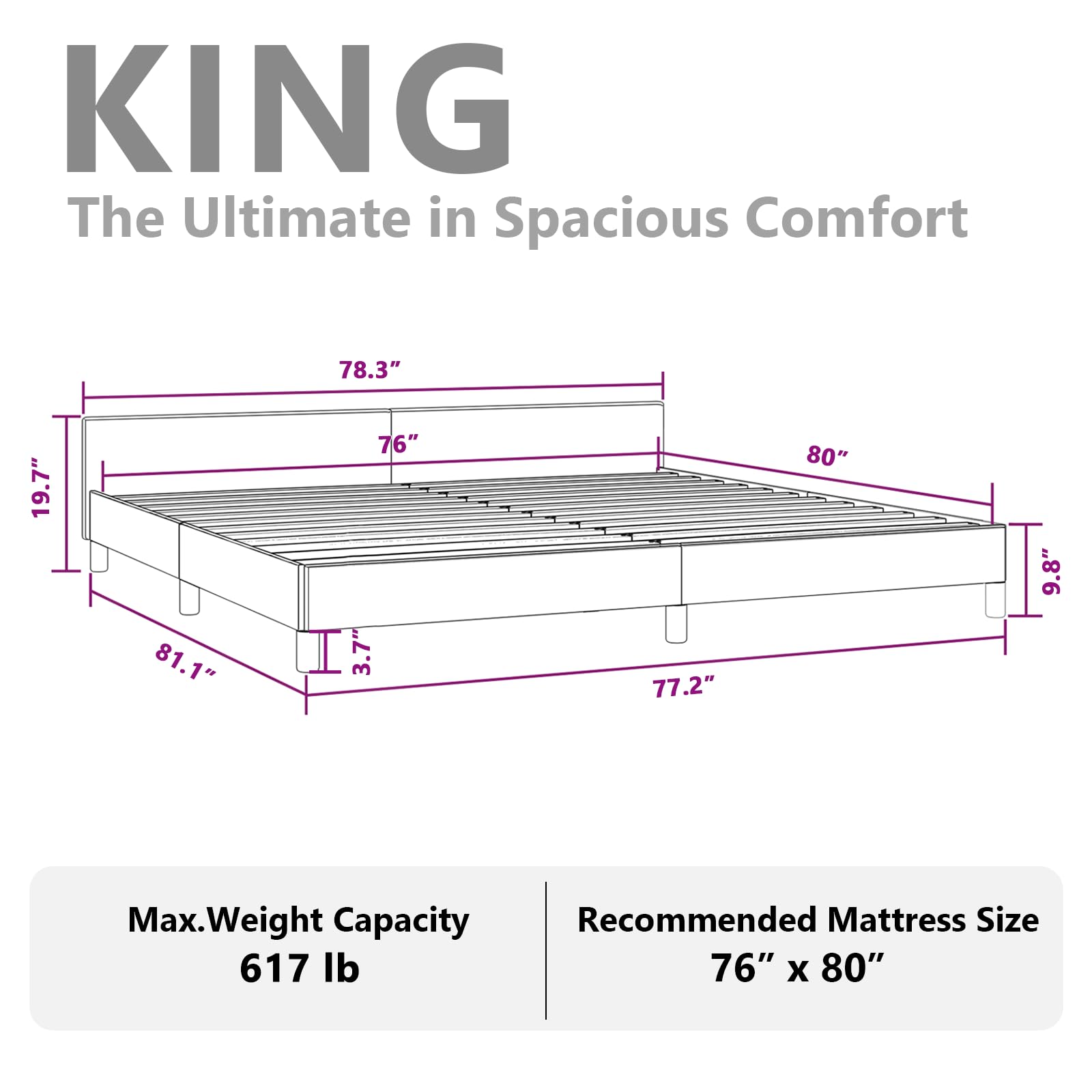 vidaXL Faux Leather Bed Frame Platform Bed, Scandinavian Style/Slats Support/No Box Spring Needed/Without Mattress/Easy Assembly, Black King Bed