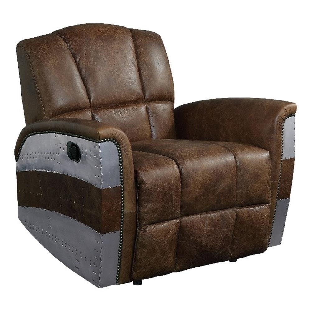 Acme Brancaster Upholstered Power Recliner in Retro Brown Leather and Aluminum