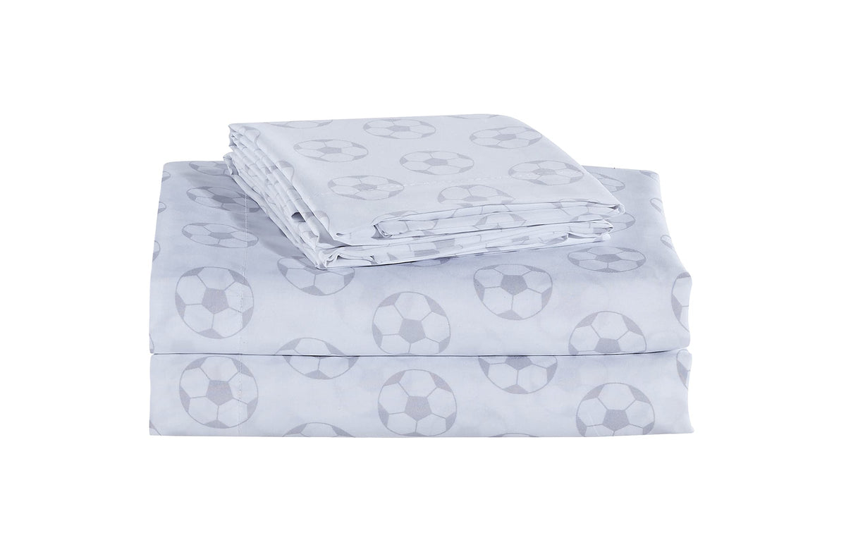 Chezmoi Collection 4-Piece Kids/Teens Sports Sheet Set - Soft Microfiber White Gray Black Soccer Balls, Queen Size