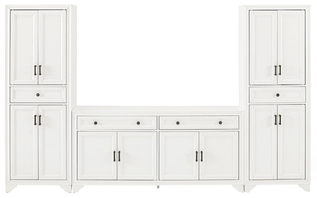 Crosley Furniture Tara 3-Piece Modern Farmhouse Sideboard Buffet Cabinet and Kitchen Storage Pantry Set, Distressed White