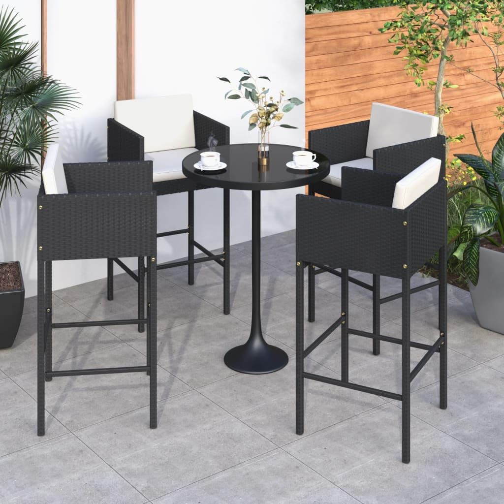 vidaXL 4-Set Modern Poly Rattan Bar Stools with Cushions in Black - Sturdy, Weather-Resistant Outdoor Furniture with Steel Frame, Lightweight and Ideal for Garden Parties, BBQs