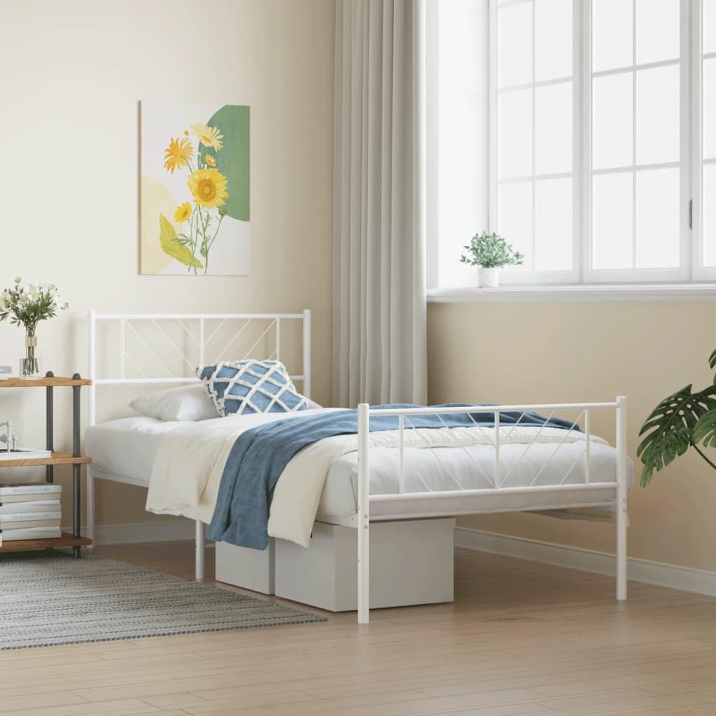 vidaXL White Metal Bed Frame with Headboard and Footboard - Single Bed with Metal Slats - Modern Bedroom Furniture with Extra Under Bed Storage Space